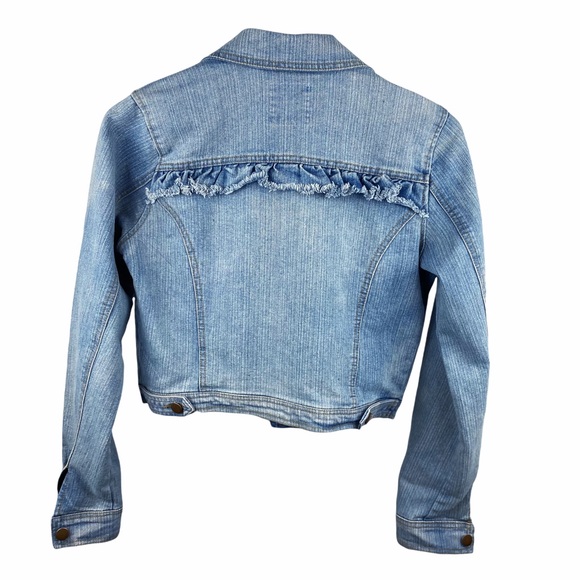 Takara Ruffle Distressed Vintage Crop Denim Jean Jacket Small - Picture 3 of 4